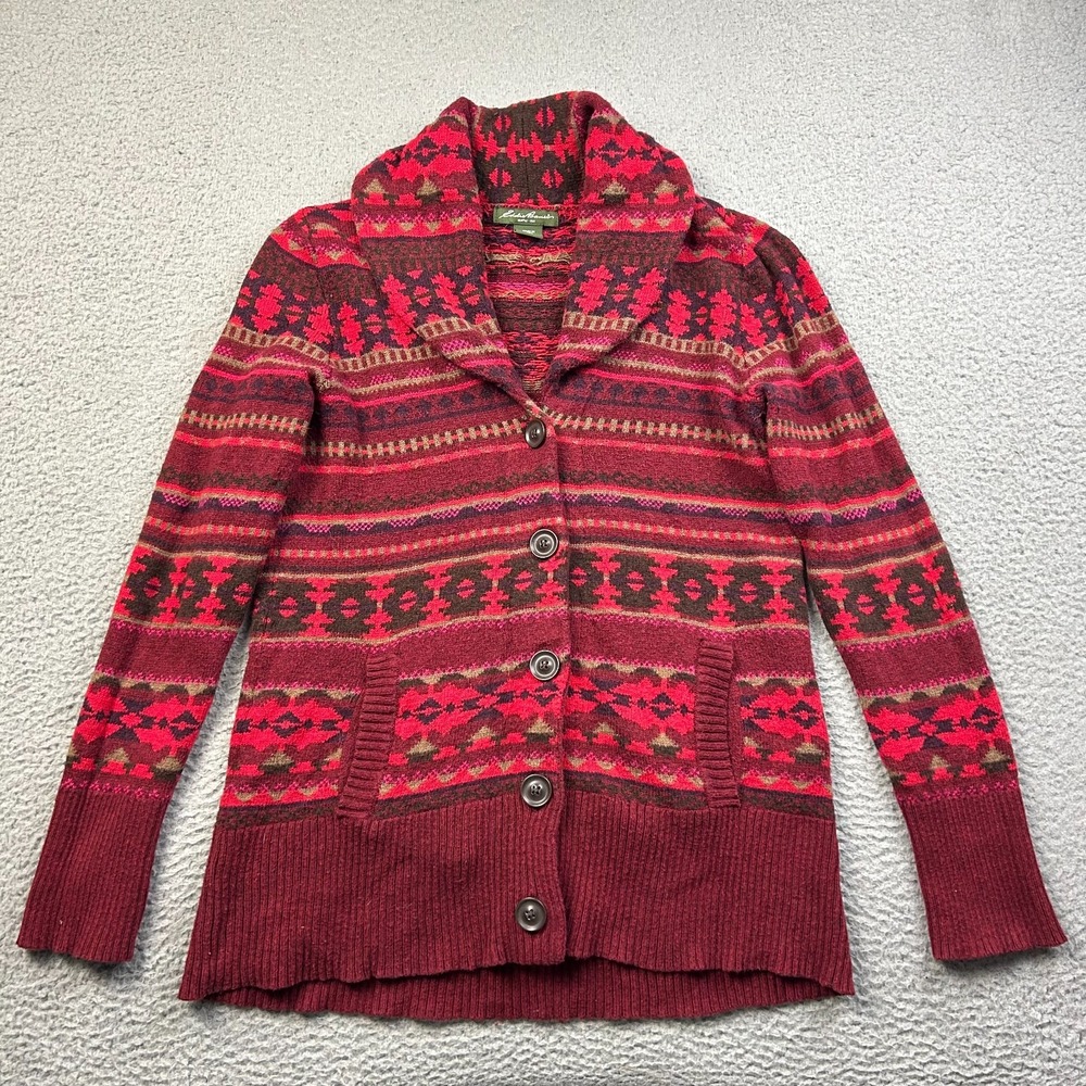 Eddie Bauer Cardigan Sweater Women Red Aztec Fair Isle Shawl Knit Merino Blend M